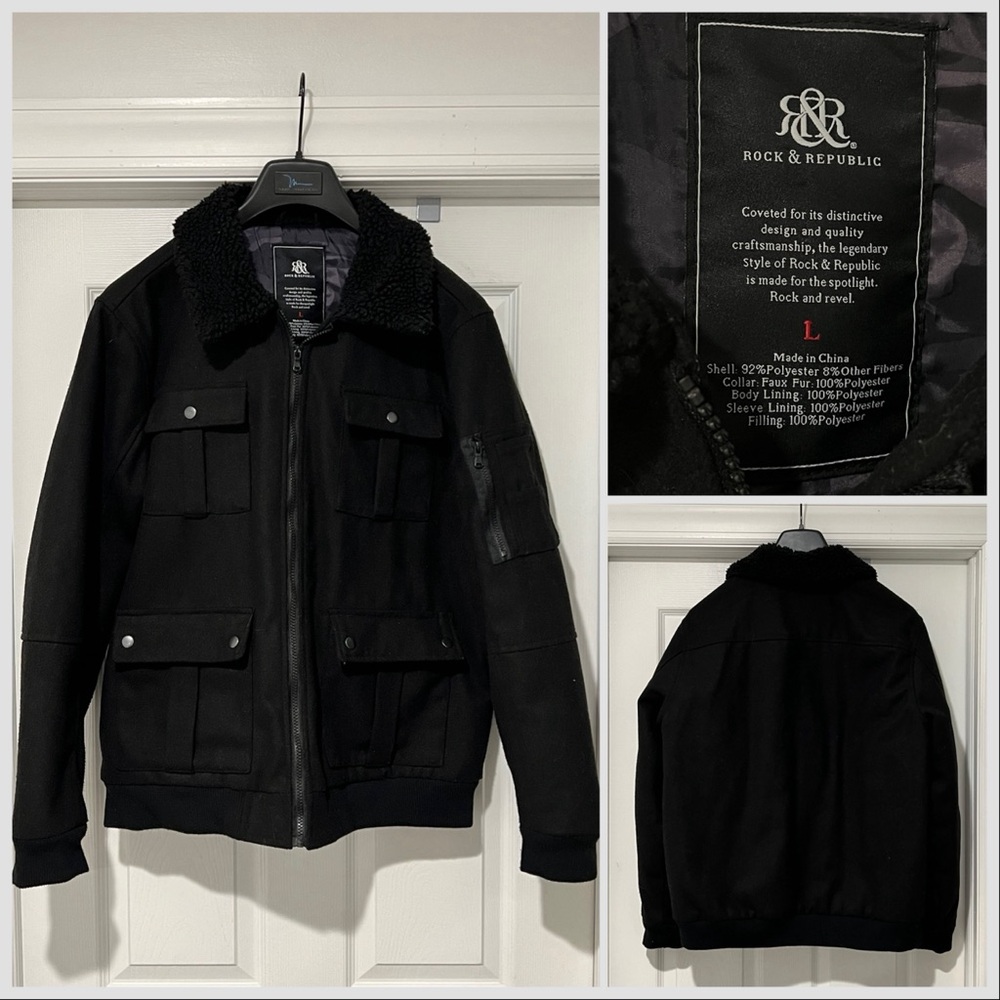 Rock & Republic Men's Black Bomber Jacket Large